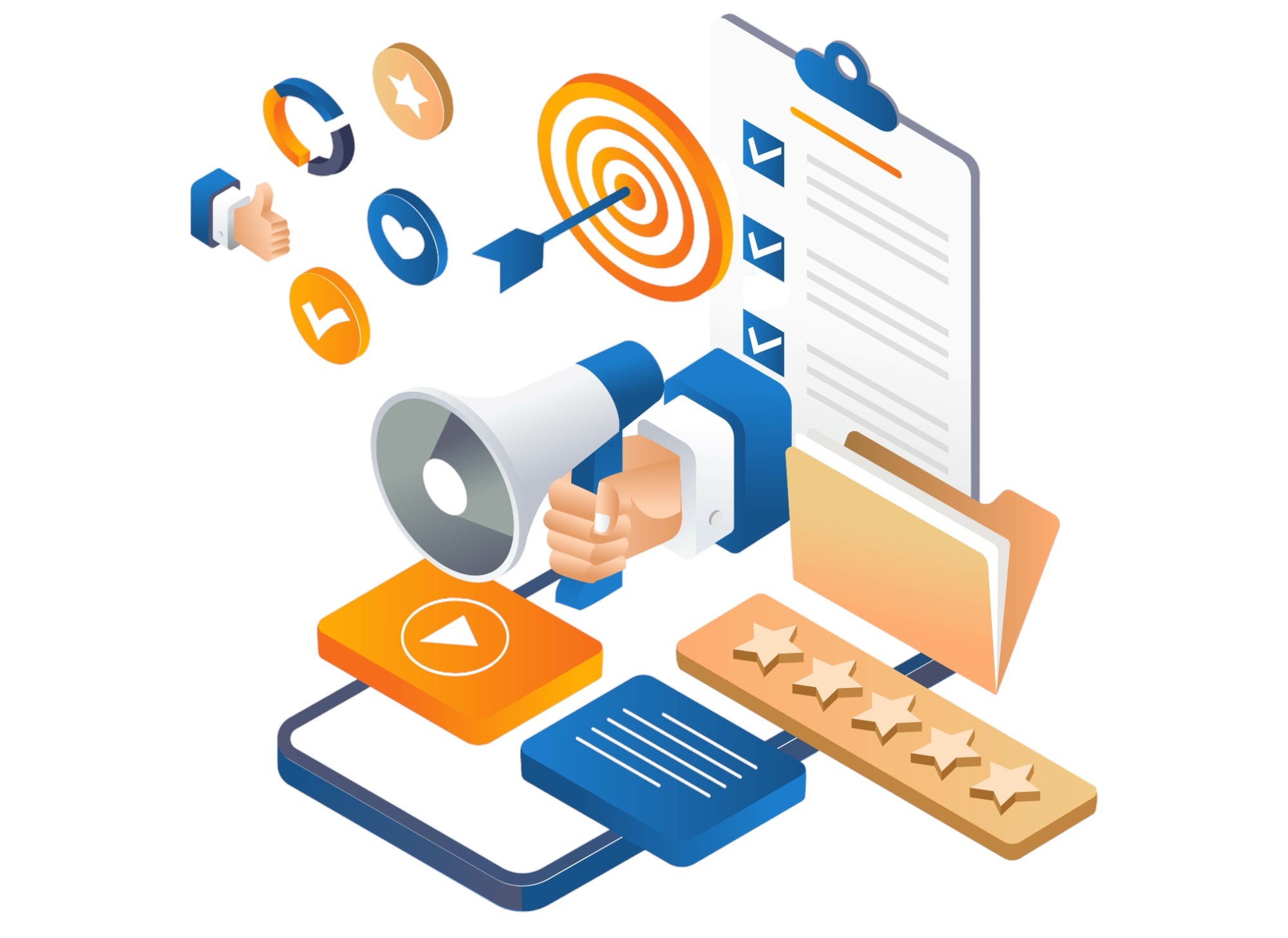 Illustration: Engagement clients avec objectifs, interactions et avis colorés.