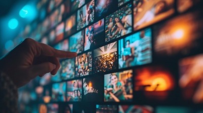 Main sélectionnant vidéos sur mur décrans numériques.