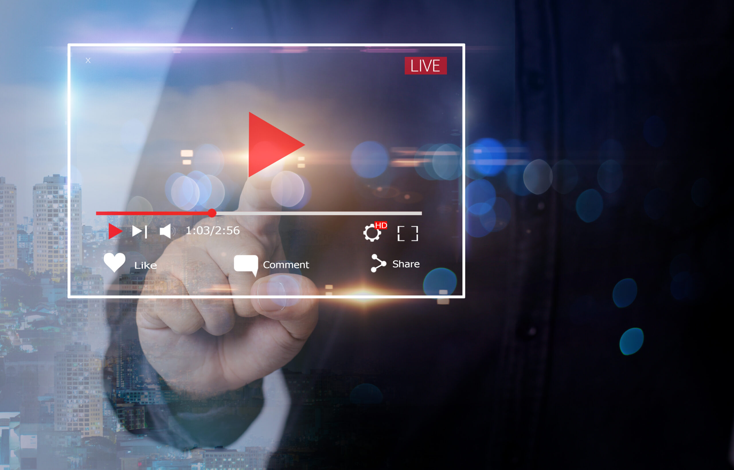 Concept marketing vidéo en direct : Homme appuie sur bouton de lecture, écran tactile.