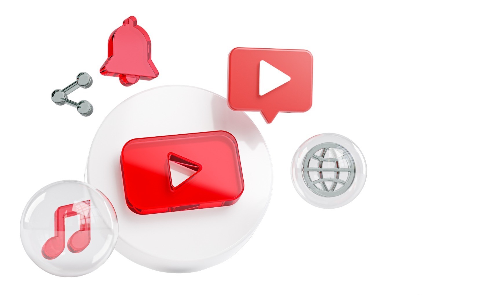 Icônes médias audiovisuels avec bouton lecture rouge et cloche notification.