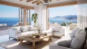 Intérieur élégant avec vue sur la mer. Détente chic pour vacances idéales.