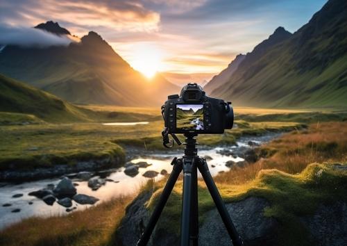 Coucher de soleil capturé en montagne par un appareil photo professionnel sur trépied.
