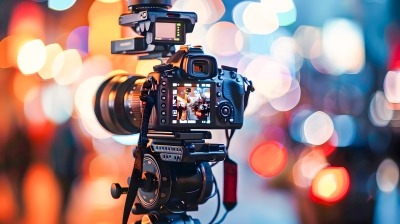 Caméra professionnelle sur trépied capturant vie nocturne animée en ville avec lumières colorées.