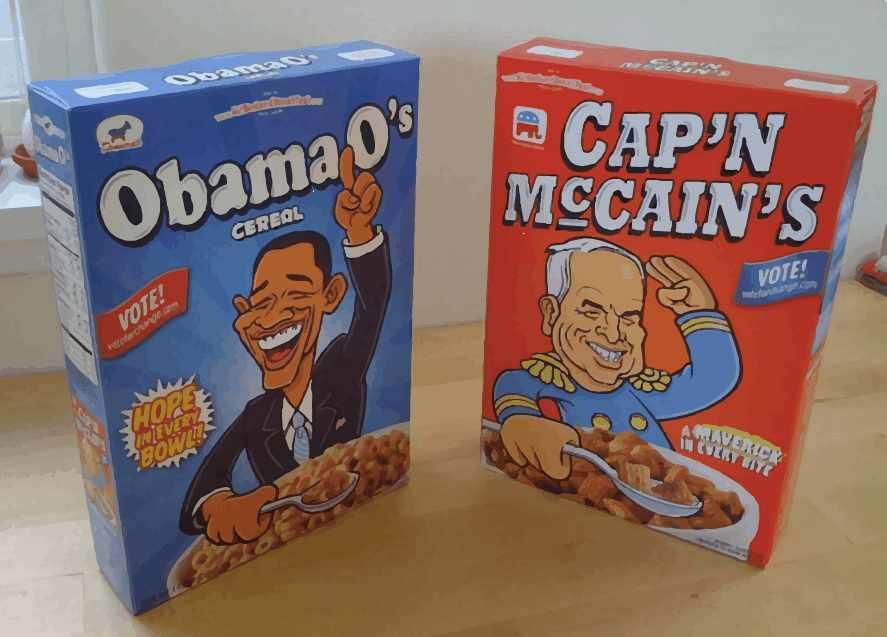 Boîtes de céréales ObamaO's et Cap'n McCain's.