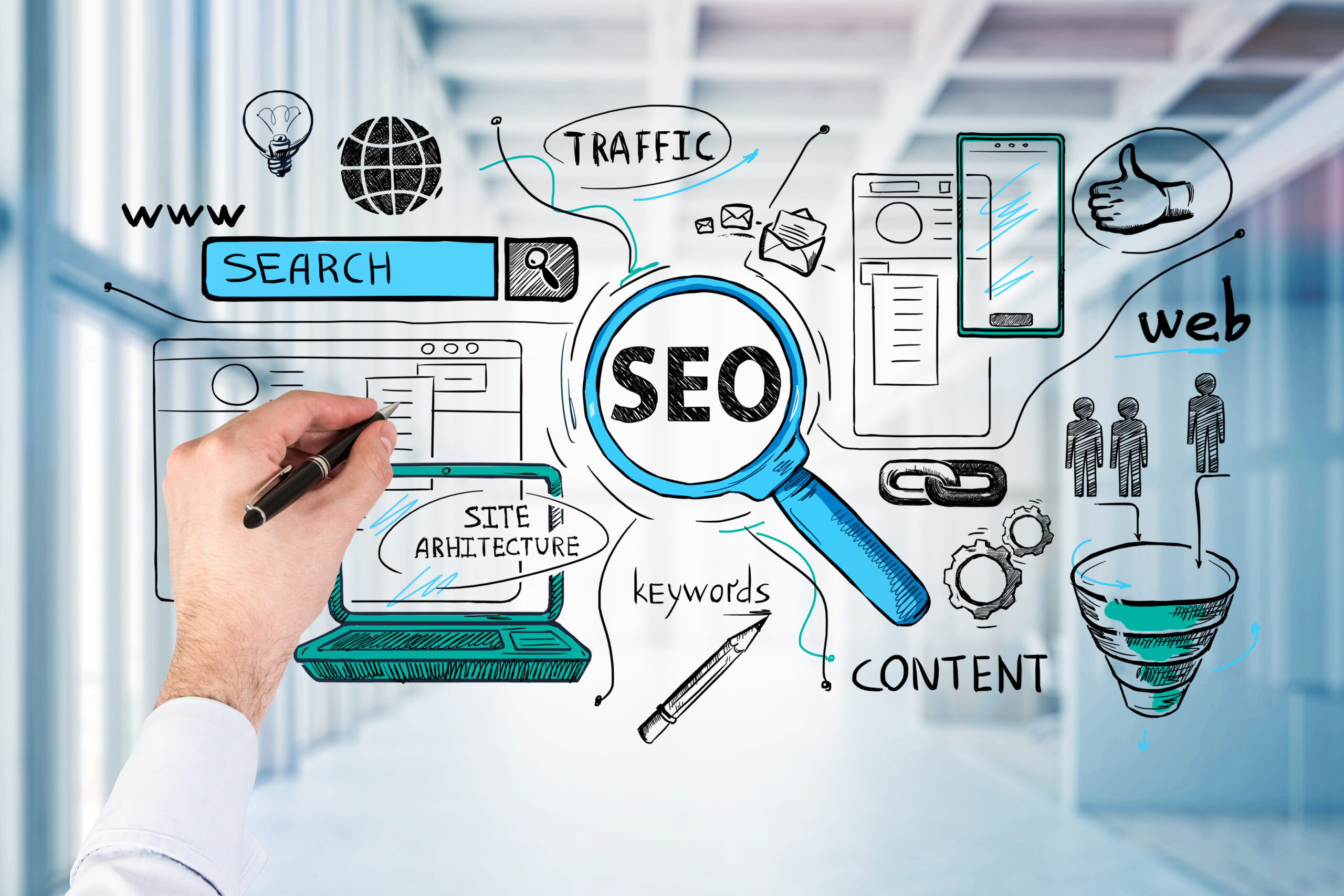 Schéma SEO: stratégie web en entreprise, avec loupe, ordinateurs et internet.