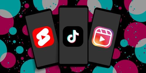 Comparaison des icônes de TikTok, Instagram Reels et YouTube Shorts sur smartphones.