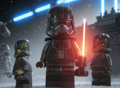 scène lego : le méchant Éclairé par un sabre laser rouge
