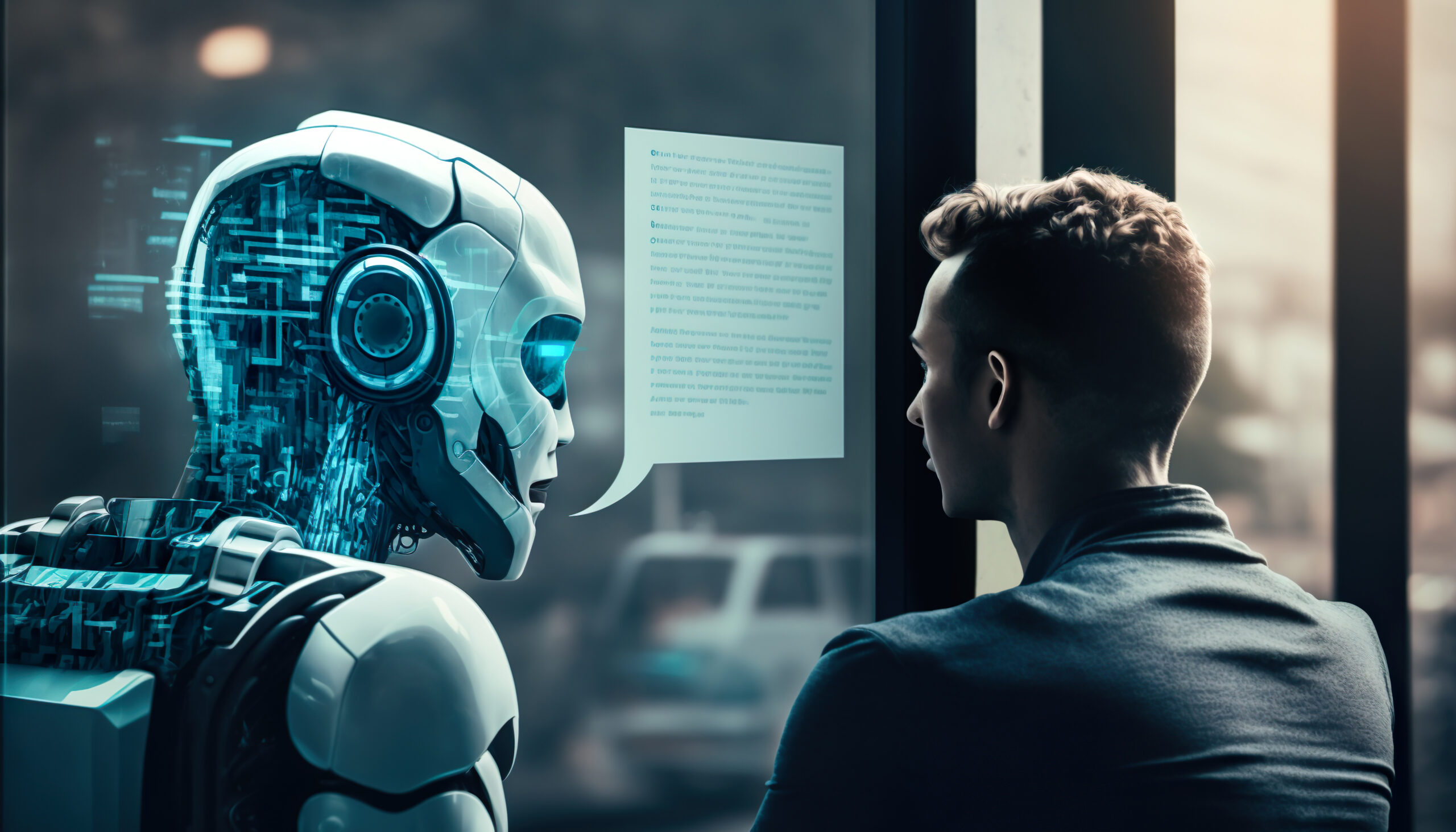 Dialogue homme-robot intelligent dans environnement futuriste, collaboration technologique avancée.