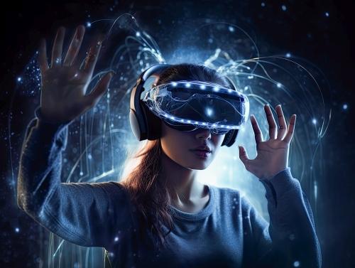 Femme captivée par la réalité virtuelle immersive dans un environnement futuriste.