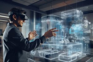 Architecte qui porte un casque VR sur la tête et créer des graphiques 3D.