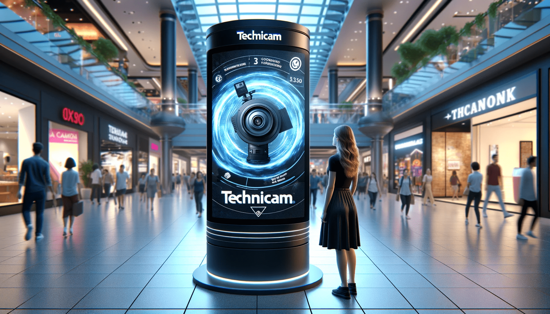 Femme observe publicité Technicam dans centre commercial moderne.